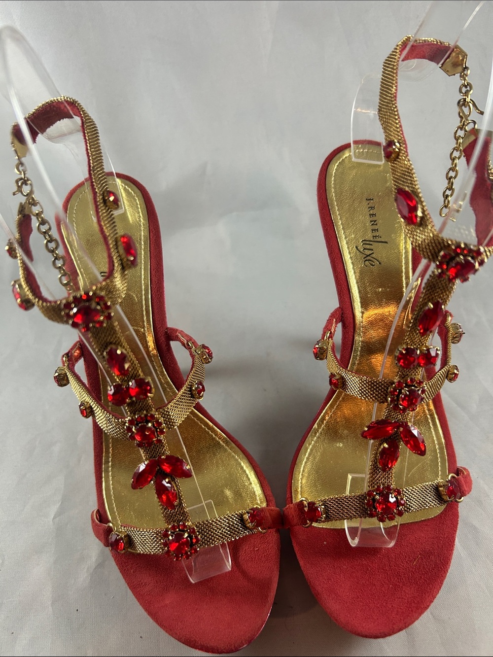 Red Jeweled T-Strap Slingback Heels